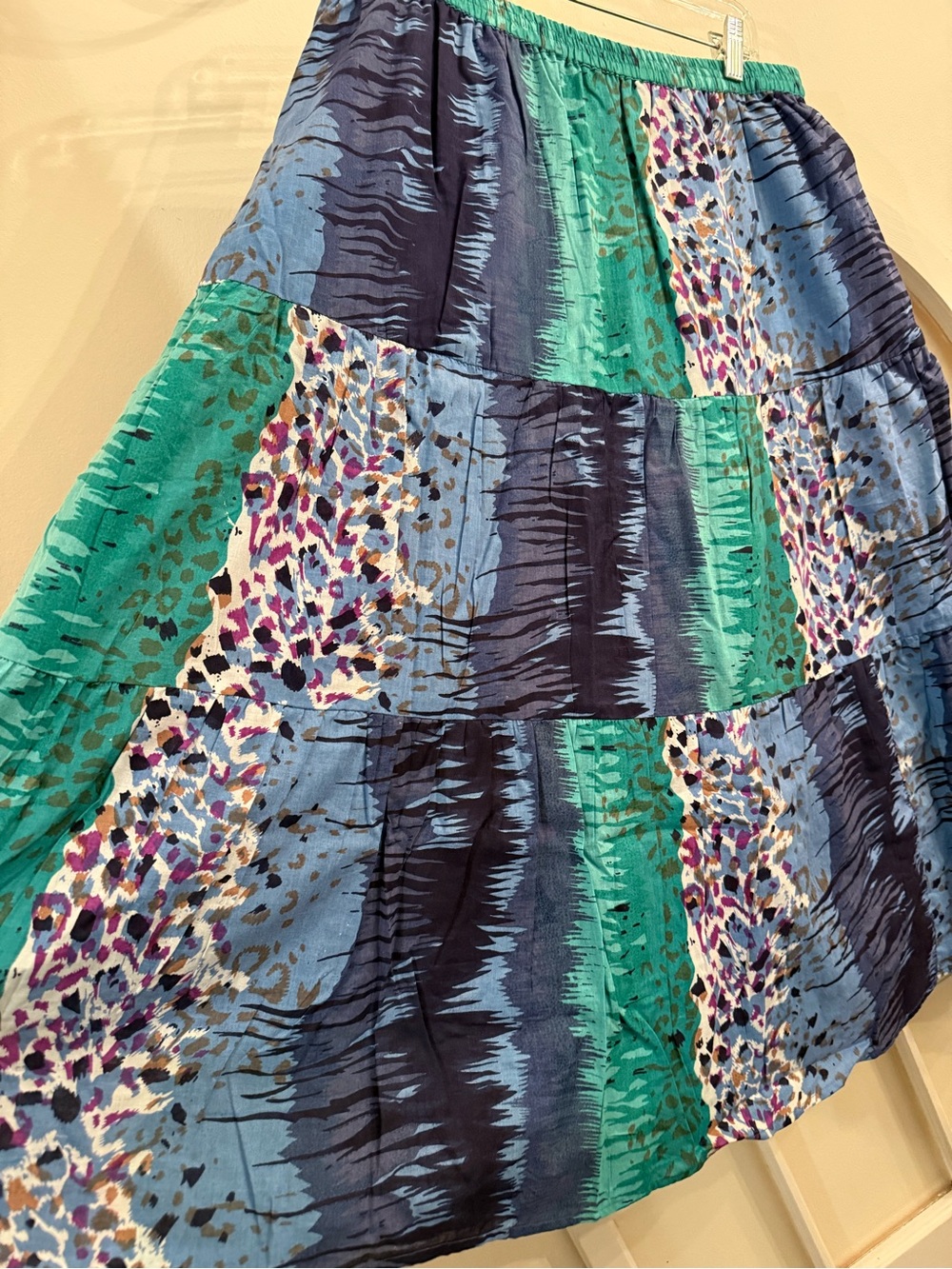 Serengeti Cotton Tiered Maxi Skirt XL Blue Green Animal Print Patchwork Boho